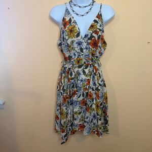 Iris floral bohemian faux wrap mini summer dress V-neck Spaghetti Strap Large